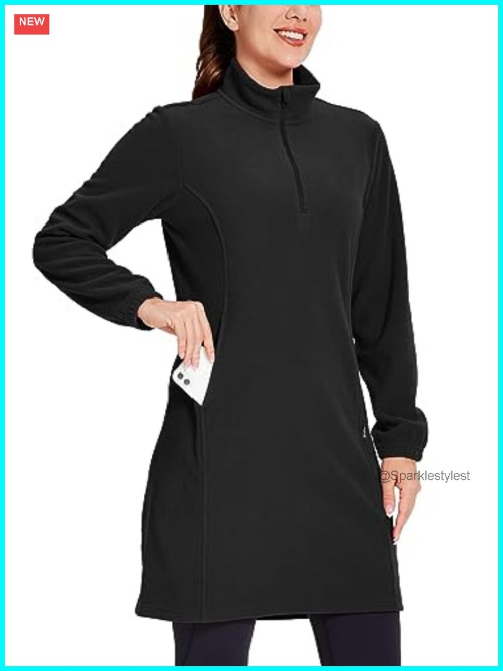 Fleece Dress Sweatshirt Thermal Long Pullover Half-Zip Kangaroo Pocket